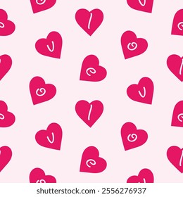Seamless pattern of hand drawn love letters and hearts on isolated background. Design for Valentine’s Day, wedding and mother’s day celebration, greeting card, home decor, wrapping paper,scrapbooking.
