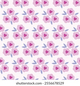 Seamless pattern of hand drawn love flowers and hearts petals. Design for Valentine’s Day, wedding and mother’s day celebration, greeting card, home decor, wrapping paper, scrapbooking.