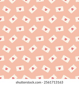 Seamless pattern of hand drawn love letter with heart seal on isolated background. Romantic design for Valentine’s day, mother’s day, wedding celebration, greeting card, paper crafts, home decor. 