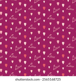 Seamless pattern of hand drawn love words and hearts on isolated background. Design for Valentine’s Day, Wedding, Mother’s day celebration, greeting cards, invitations, scrapbooking, home decoration.