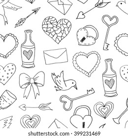 Seamless pattern with hand drawn love and wedding elements. Vector monochrome love romantic style background. Perfect for textile fabric design, decorative paper and website wallpaper