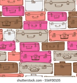 Seamless pattern with hand drawn luggage. Different colorful vintage suitcases on white background.