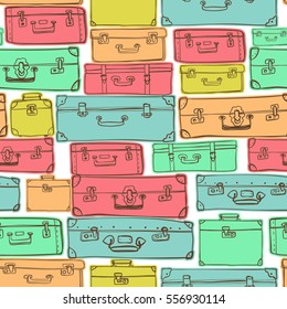 Seamless pattern with hand drawn luggage. Different colorful vintage suitcases on white background.