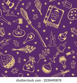 Seamless pattern with hand drawn magic tools, concept of witchcraft. Witchcraft, magic background for witches and wizards.