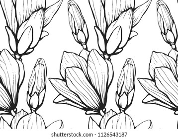 Seamless pattern with hand drawn 
magnolia flower. Vector illustration. Botanical pattern for textiles and wallpapers.
