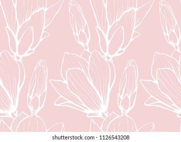 Seamless pattern with hand drawn 
magnolia flower. Vector illustration. Botanical pattern for textiles and wallpapers.