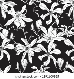 Seamless pattern with hand drawn magnolia flower. Vector illustration. Botanical pattern for textiles and wallpapers. Black background.