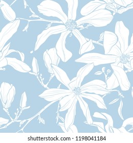 Seamless pattern with hand drawn magnolia flower. Vector illustration. Botanical pattern for textiles and wallpapers. Navy blue background.