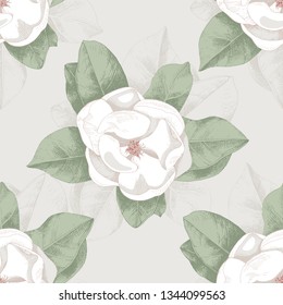 Seamless pattern with hand drawn magnolia in retro style. Vector illustration