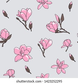 Seamless pattern with hand drawn magnolia flowers