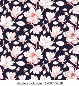 flor de magnolia dibujada a mano en contorno blanco y rojo sobre fondo marino oscuro