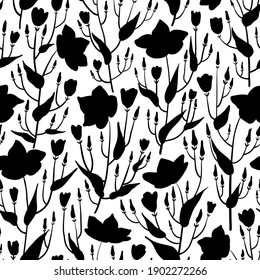 Seamless pattern of hand drawn magnolia flowers. Endless ornament with silhouettes of plants in bloom. Abstract floral design for fabric, textile, wallpaper, wrapping paper. Vector illustration.