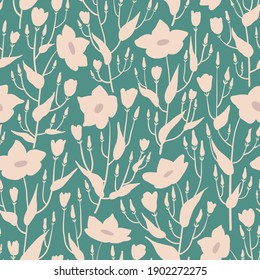 Seamless pattern of hand drawn magnolia flowers. Endless ornament with silhouettes of plants in bloom. Abstract floral design for fabric, textile, wallpaper, wrapping paper. Vector illustration.
