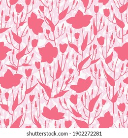 Patrón sin foco de flores de magnolia dibujadas a mano. Interminable ornamento con siluetas de plantas en floración. Resumen de diseño floral para tela, textil, papel tapizado, papel envolvente. Ilustración vectorial.
