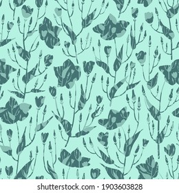 Seamless pattern of hand drawn magnolia flowers. Endless ornament with silhouettes of plants in bloom. Abstract floral design for fabric, textile, wallpaper, wrapping paper. Vector illustration.
