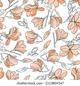 Patrón sin foco con flores de magnolia dibujadas a mano en colores negro y beige. Diseño para tela, papel de envoltura, textil para el hogar.