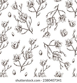 Seamless pattern of hand drawn magnolia. Monochrome flower doodle. Black and white vintage element. Vector sketch. Detailed retro style.