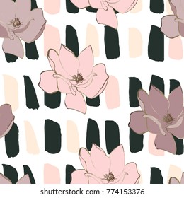 Seamless pattern with hand drawn magnolia flowers and lines of brush strokes
