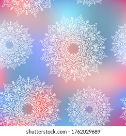 Seamless pattern with hand drawn mandala. Vector illustration isolated on colored background. For interior design, wallpaper, packaging, posters, cards.