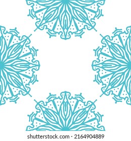 Seamless pattern with hand drawn mandala ornament in turquoise color on white background. Islam, Arabic, Indian, ottoman motifs. Vector illustration.