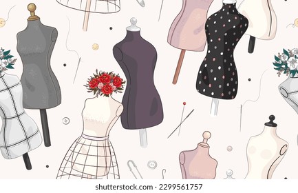 Nahtloses Muster mit handgezeichneten Mannequinen, Blumen und Nähwerkzeugen. Nähmuster Vektorgrafik
