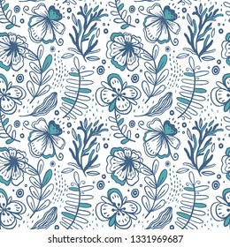 Seamless pattern of hand drawn manual flowers and plants. Monochrome vector illustrations in sketch style. Stylization fantasy, ethno ornament.