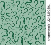 Seamless pattern with hand drawn  many question marks. Differents shape questions on green background. Vector illustration. Simple childish background for questionnaire, quiz, faq design, wallpapers