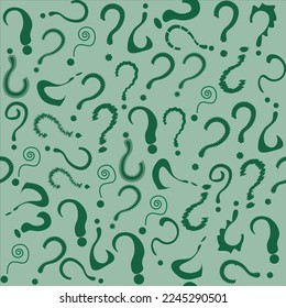 Seamless pattern with hand drawn  many question marks. Differents shape questions on green background. Vector illustration. Simple childish background for questionnaire, quiz, faq design, wallpapers