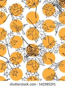 Seamless pattern of hand drawn maple leaves and fruits against orange dots.