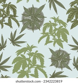 Seamless pattern with hand drawn marijuana leaf and bush. Seamless ornament tile. 
