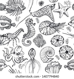 Seamless pattern with hand drawn marine life, Black and white, vector illustration