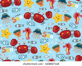seamless pattern of hand drawn marine animals cartoon