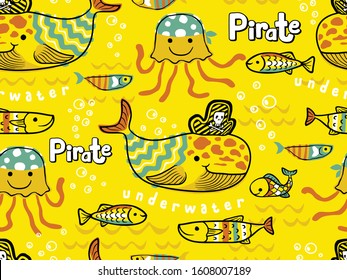 seamless pattern of hand drawn marine animals cartoon in pirate accessories  