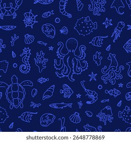 Padrão contínuo com animais marinhos desenhados à mão, incluindo polvo, tartaruga, cavalo marinho, água-viva, lula e peixe em fundo azul escuro. 
