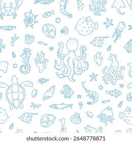 Padrão contínuo com animais marinhos puxados à mão, incluindo polvo, tartaruga, cavalo marinho, água-viva, lula e peixe sobre fundo branco. 