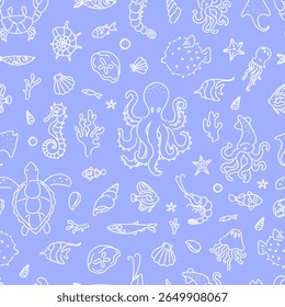 Seamless pattern with hand drawn marine animals including octopus, turtle, seahorse, jellyfish, squid, and fish on lilac background.