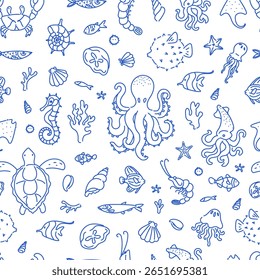 Padrão contínuo com animais marinhos puxados à mão, incluindo polvo, tartaruga, cavalo marinho, água-viva, lula e peixe sobre fundo branco.