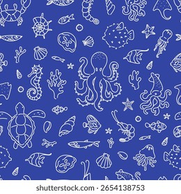 Seamless pattern with hand drawn marine animals including octopus, turtle, seahorse, jellyfish, squid, and fish on white background.