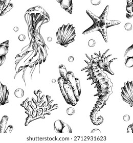 Seamless pattern with hand drawn marine animals illustration. Underwater world concept for textile, wrapping paper, summer decor, and kids education. Outline graphic illustration
