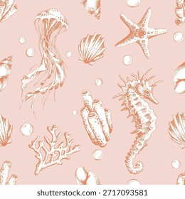 Seamless pattern with hand drawn marine animal and shell. Underwater world. Linear drawing of jellyfish, seahorse, starfish, coral for fabric, wallpaper, card. Graphic illustration in a coral colors