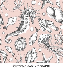 Patrón sin fisuras con animal marino dibujado a mano y planta. Reino submarino con estrellas de mar, medusas, caballito de mar, coral y algas. Para textiles. Ilustración gráfica de contorno sobre un fondo de coral