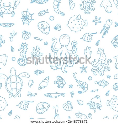 Seamless pattern with hand drawn marine animals including octopus, turtle, seahorse, jellyfish, squid, and fish on white background. 