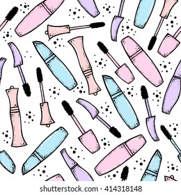 Seamless pattern with hand drawn mascara for women. Fashion and beauty trend. Sketch illustration. Cosmetics. Vector isolated objects.