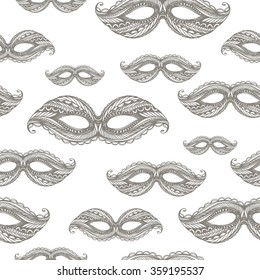 Seamless pattern with hand drawn masks. Wrapping paper design for Mardi Gras celebration. Decorative background with ornamental masks. Ink illustration.