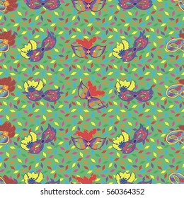 Seamless pattern with hand drawn masquerade masks on light green background with colorful papers. Pattern for Mardi Gras, carnaval or masquerade.