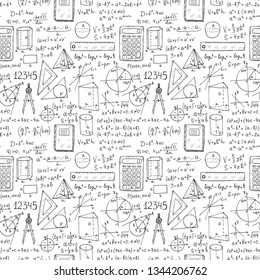 Seamless pattern with hand drawn mathematics formules and other elemets. Science collection. Vector doolle illustration