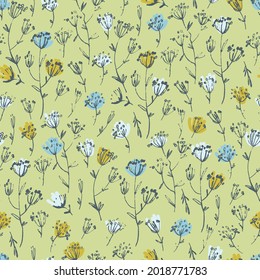 Seamless pattern with hand drawn meadow flowers in Ditsy style. Colorful illustrations on light-colored background for surface design and other design projects
