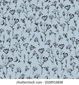 Seamless pattern with hand drawn meadow flowers in Ditsy style. Outlined illustrations on blue background for surface design and other design projects