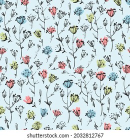 Seamless pattern with hand drawn meadow flowers in Ditsy style. Colorful illustrations on red background for surface design and other design projects