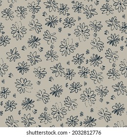 Nahtloses Muster mit handgezeichneten Wiesenblumen im Ditzy-Stil. Vorgestellte Illustrationen auf grauem Hintergrund für Oberflächendesign und andere Design-Projekte